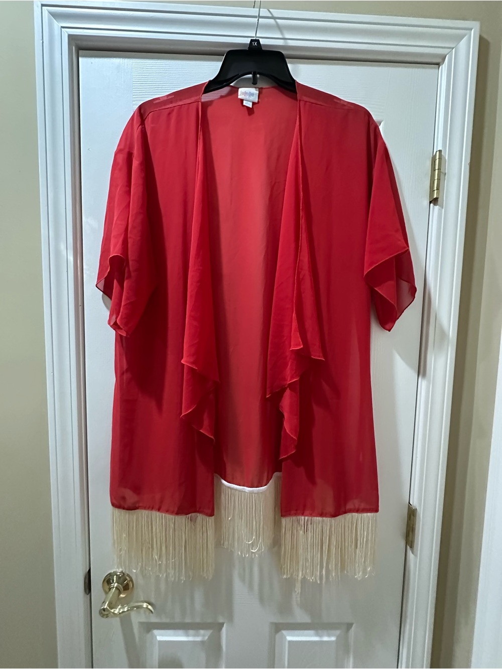 LuLaRoe Red Sheer Kimono with Cream Fringe